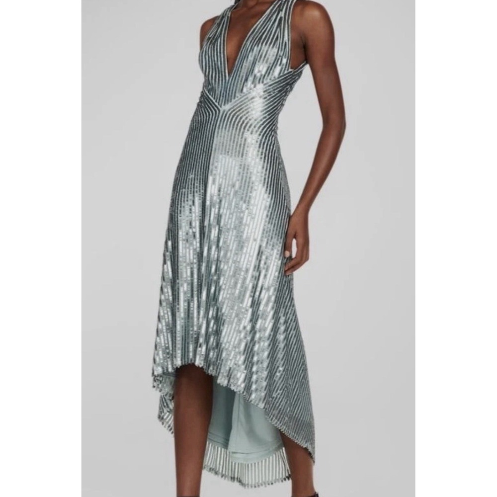$408 Sho Women's Green‎ High-Low Sequined Halter Midi Dress Size 12 Low Back